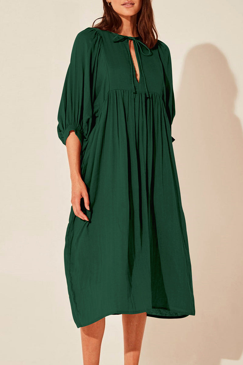 Kaynafashions - Casual Daily Solid Fold O Neck Pleated Dresses(4 Colors)