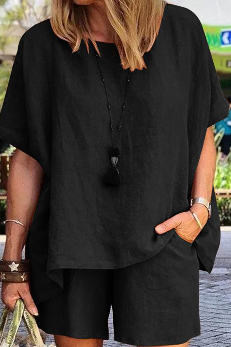 Kaynafashions - Casual Solid Patchwork O Neck Short Sleeve Two Pieces(4 Colors)