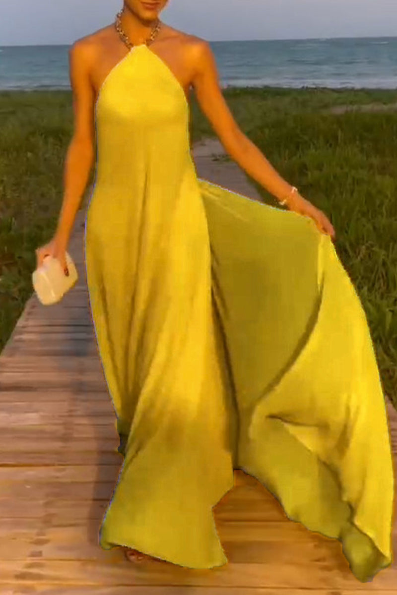 Kaynafashions - Sexy Simplicity Solid Metal Accessories Decoration Halter Sleeveless Dress Dresses