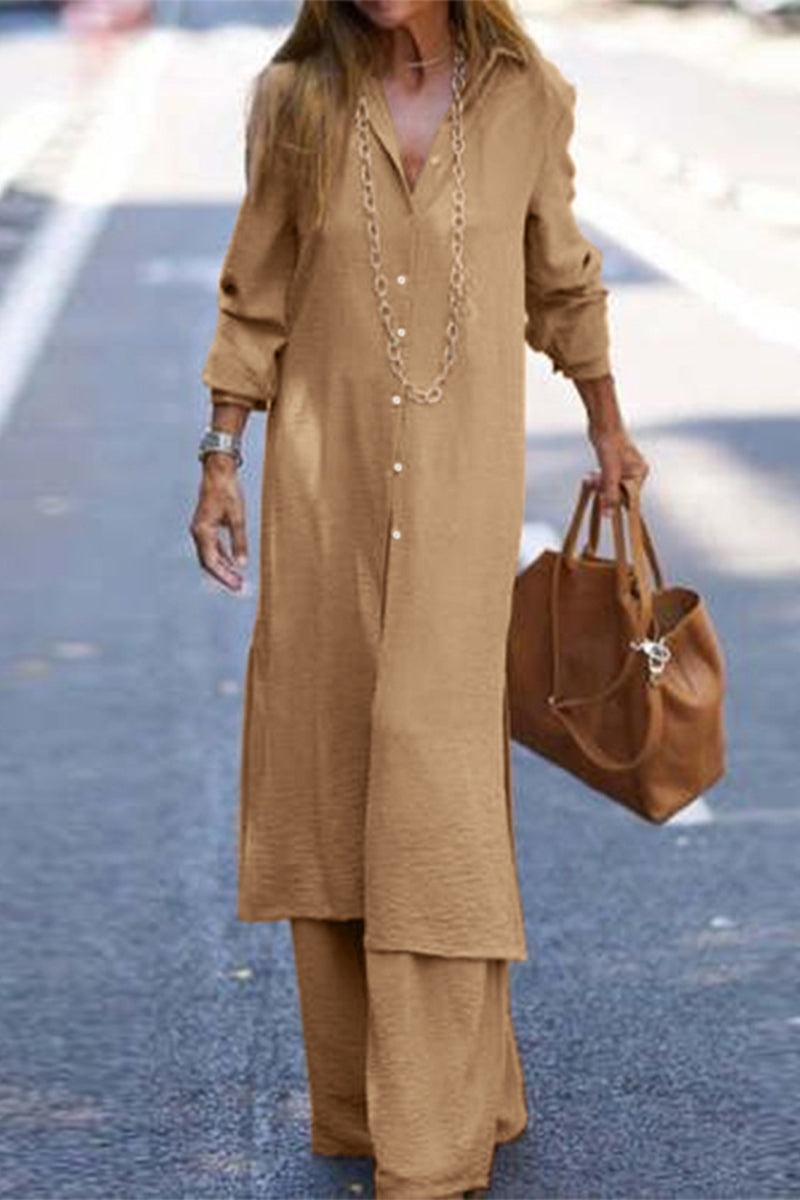 Kaynafashions - Casual Solid Buttons Turndown Collar Long Sleeve Two Pieces(3 Colors)