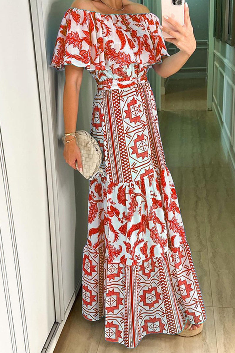 Kaynafashions - Fashion Elegant Print Printing Off the Shoulder Off The Shoulder Dresses