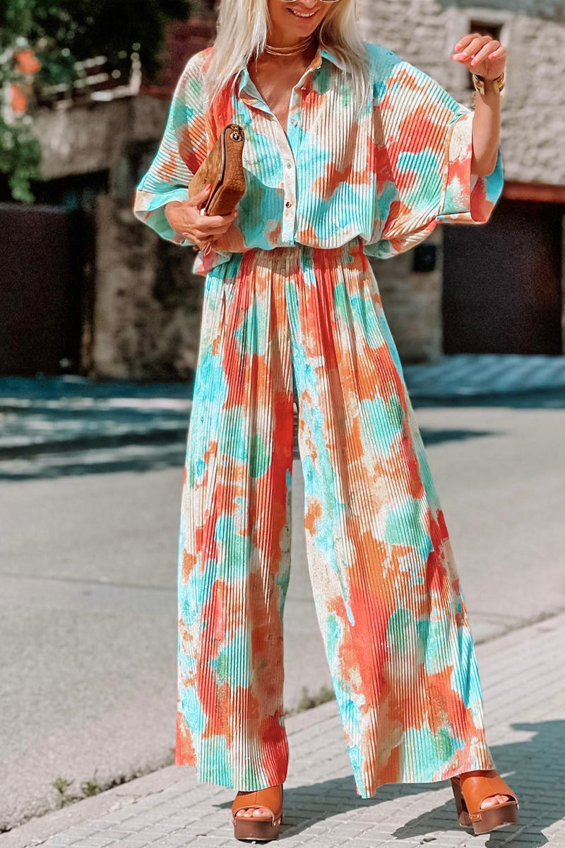 Kaynafashions - Bohemian Tie Dye Patchwork Turndown Collar Loose Jumpsuits