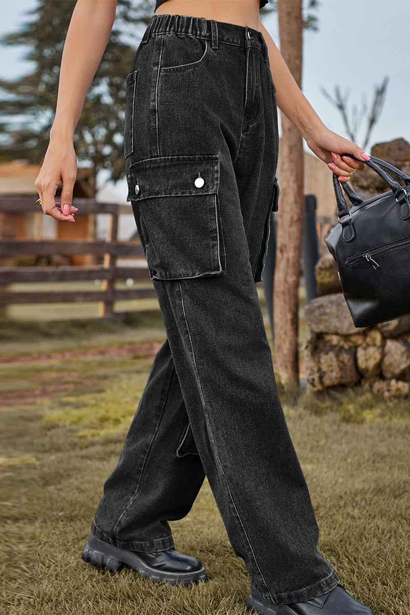 Kaynafashions - Street Solid Pocket Mid Waist Loose Denim Jeans