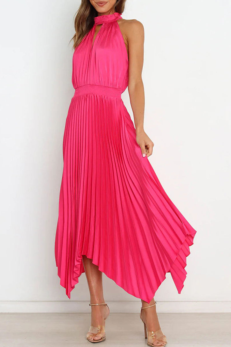 Kaynafashions - Sweet Elegant Solid Fold Asymmetrical Halter Irregular Dress Dresses