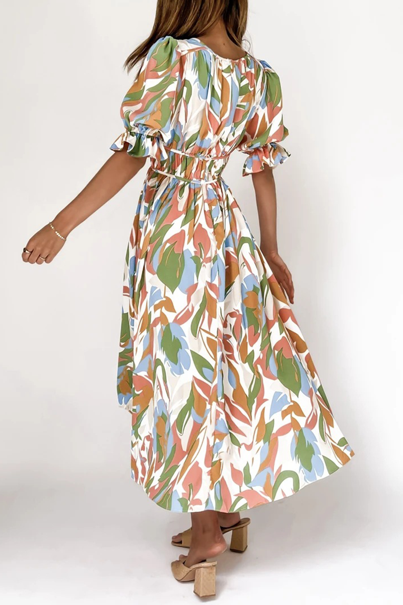 Kaynafashions - Casual Print Patchwork V Neck Cake Skirt Dresses