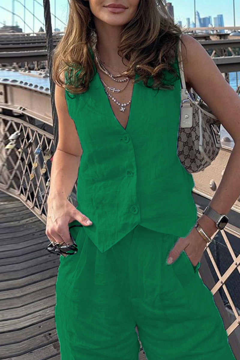 Kaynafashions - Casual Simplicity Solid Buckle V Neck Sleeveless Two Pieces