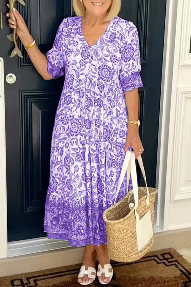 Kaynafashions - Elegant Vacation Tie Dye Patchwork V Neck Printed Dress Dresses