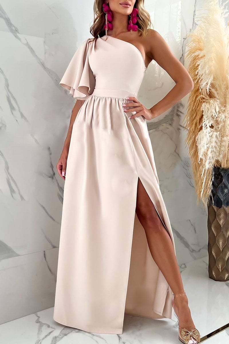 Kaynafashions - Sexy Elegant Solid Patchwork Slit Oblique Collar Straight Dresses(5 Colors)