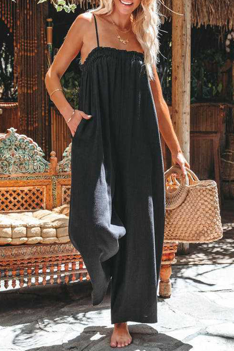 Kaynafashions - Casual Solid Flounce Strapless Loose Jumpsuits