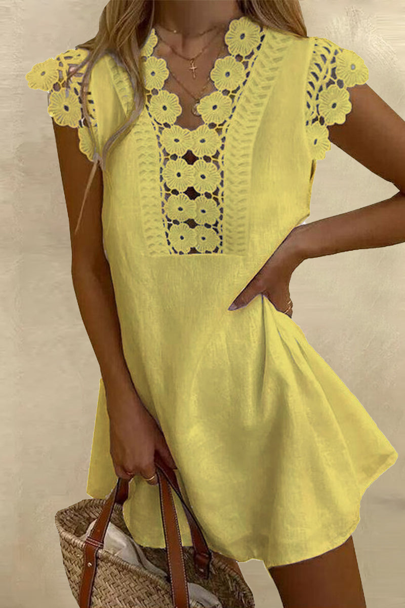 Kaynafashions - Casual Solid Hollowed Out V Neck A Line Short Sleeve Dress(8 Colors)