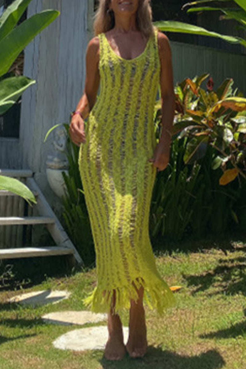 Kaynafashions - Sexy Solid Tassel Hollowed Out V Neck Sling Dress Dresses
