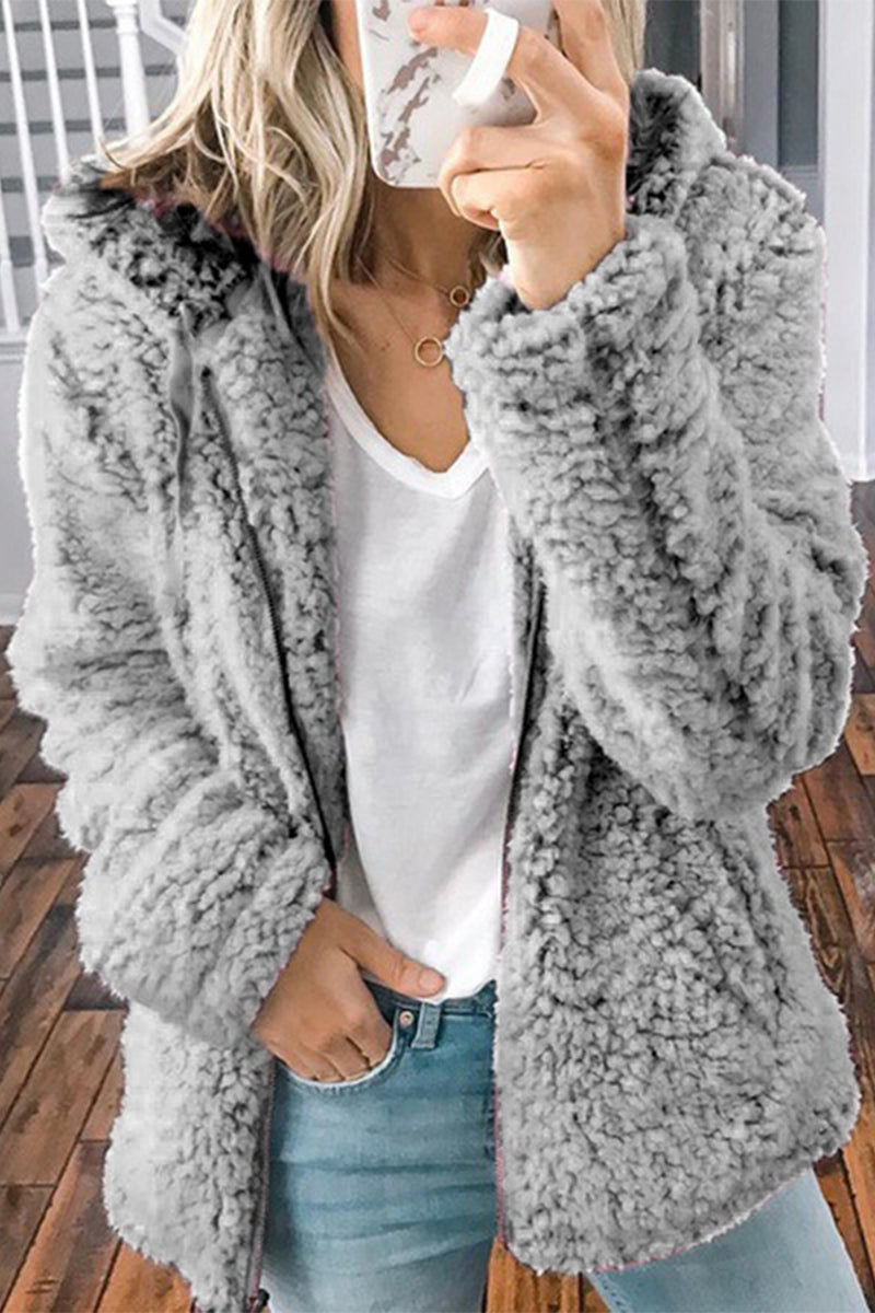 Kaynafashions - Fashion Solid Pocket Zipper Hooded Collar Outerwear(4 Colors)