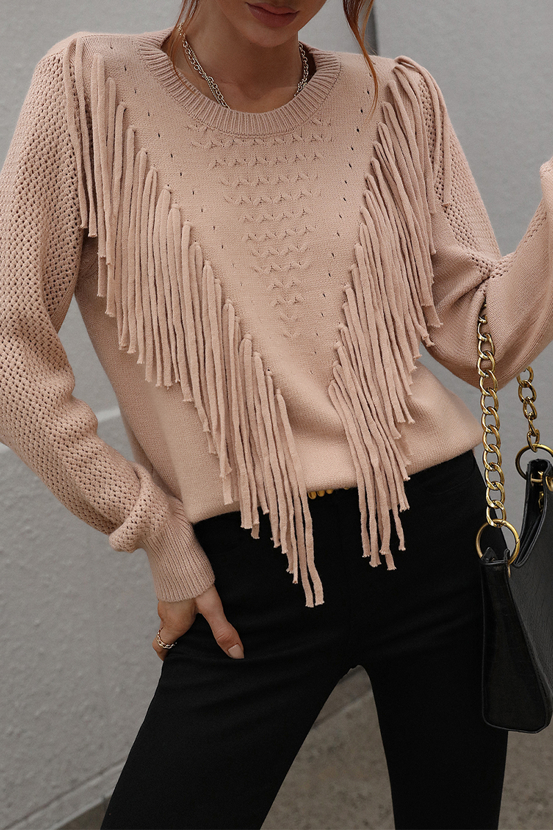Kaynafashions - Fashion Solid Tassel Patchwork O Neck Tops