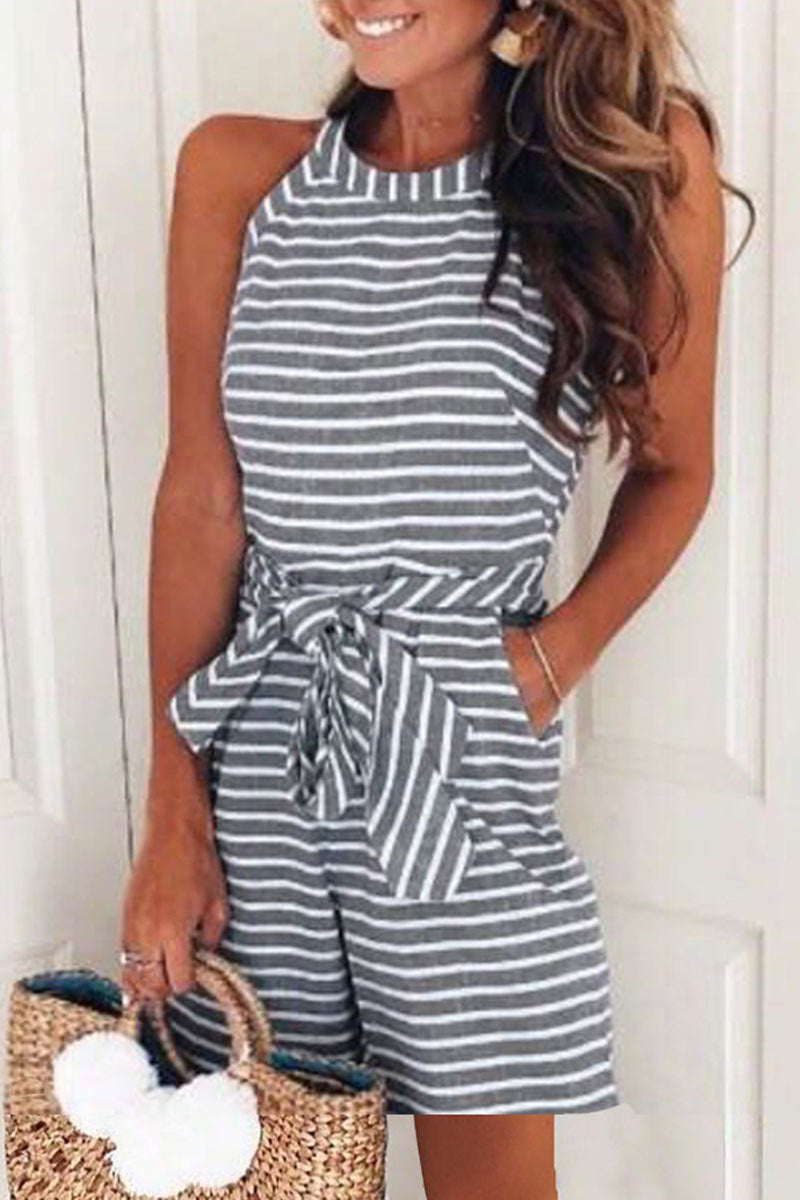 Kaynafashions - Casual Patchwork Bandage With Belt O Neck Loose Jumpsuits(5 Colors)