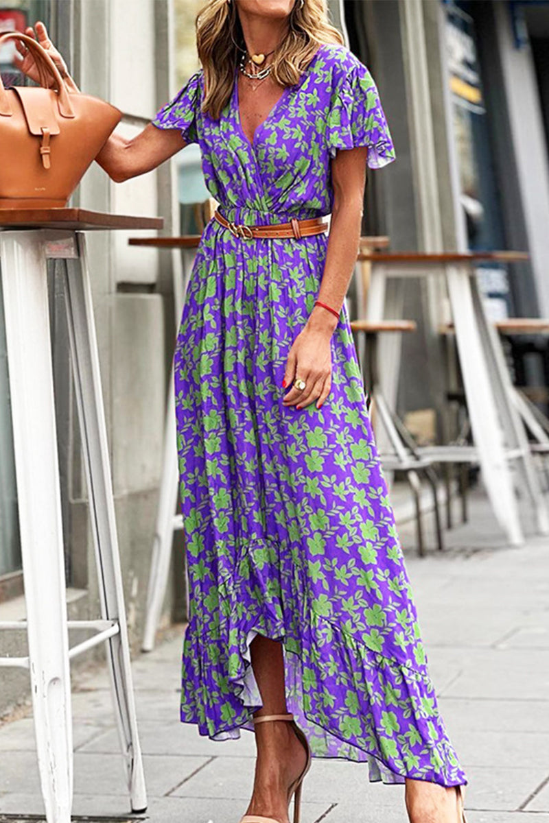 Kaynafashions - Elegant Floral With Belt V Neck A Line Dresses