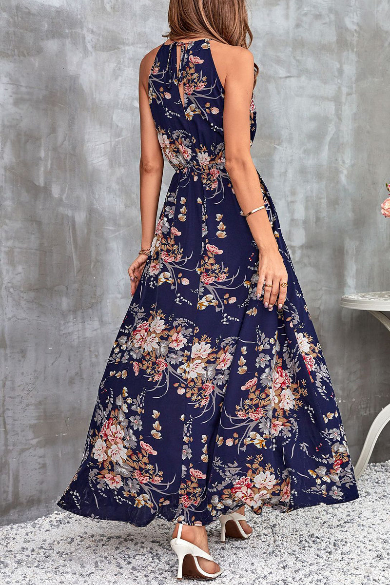 Kaynafashions - Bohemian Elegant Print Floral Frenulum Halter A Line Dresses(3 Colors)