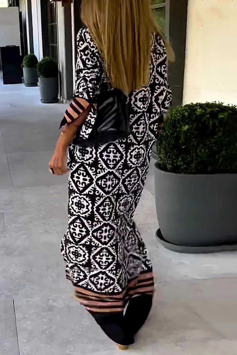 Kaynafashions - Street College Geometric Print Contrast V Neck Printed Dress Dresses(3 Colors)
