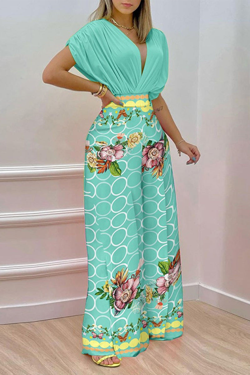 Kaynafashions - Elegant Print Solid Patchwork V Neck Short Sleeve Two Pieces