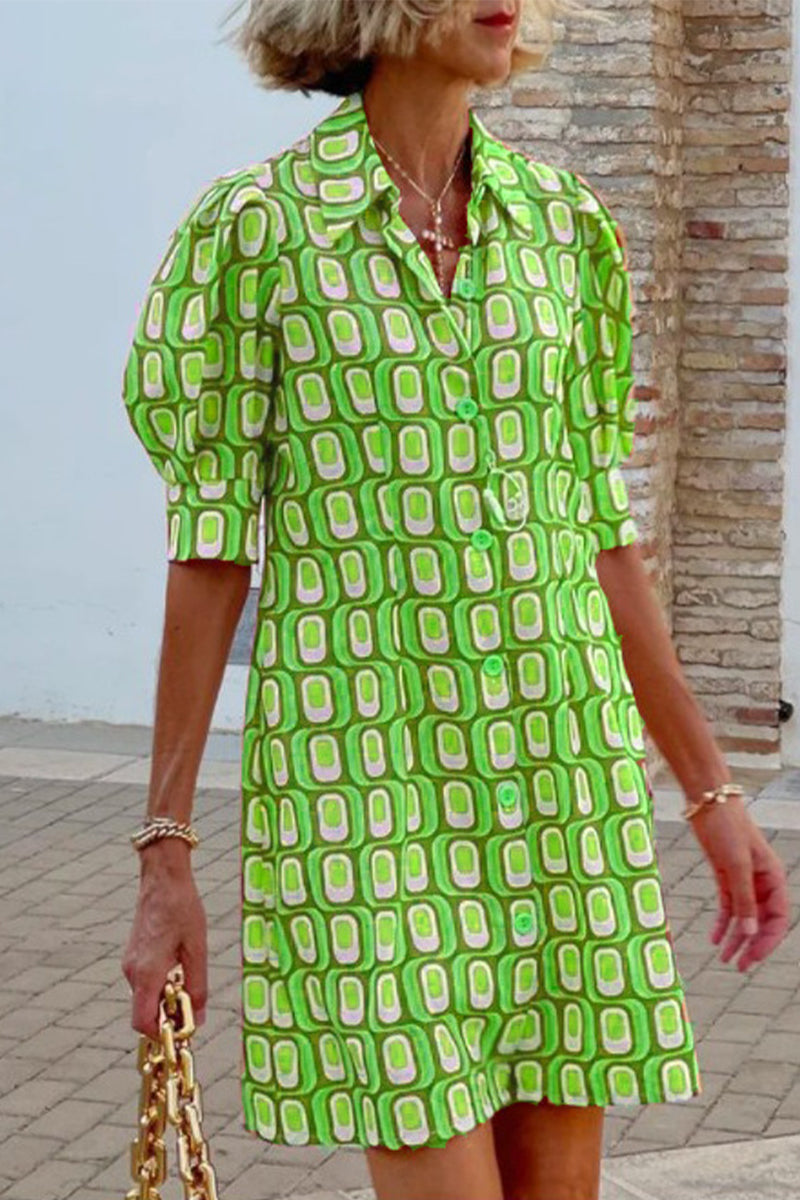 Kaynafashions - Casual Sweet Geometric Printing Turndown Collar Shirt Dress Dresses