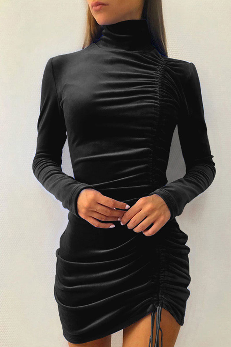 Kaynafashions - Sexy Elegant Solid Draw String Half A Turtleneck Wrapped Skirt Dresses(8 colors)