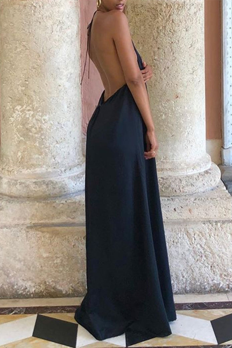 Kaynafashions - Sexy Elegant Solid Frenulum Backless Asymmetrical Halter Evening Dress Dresses