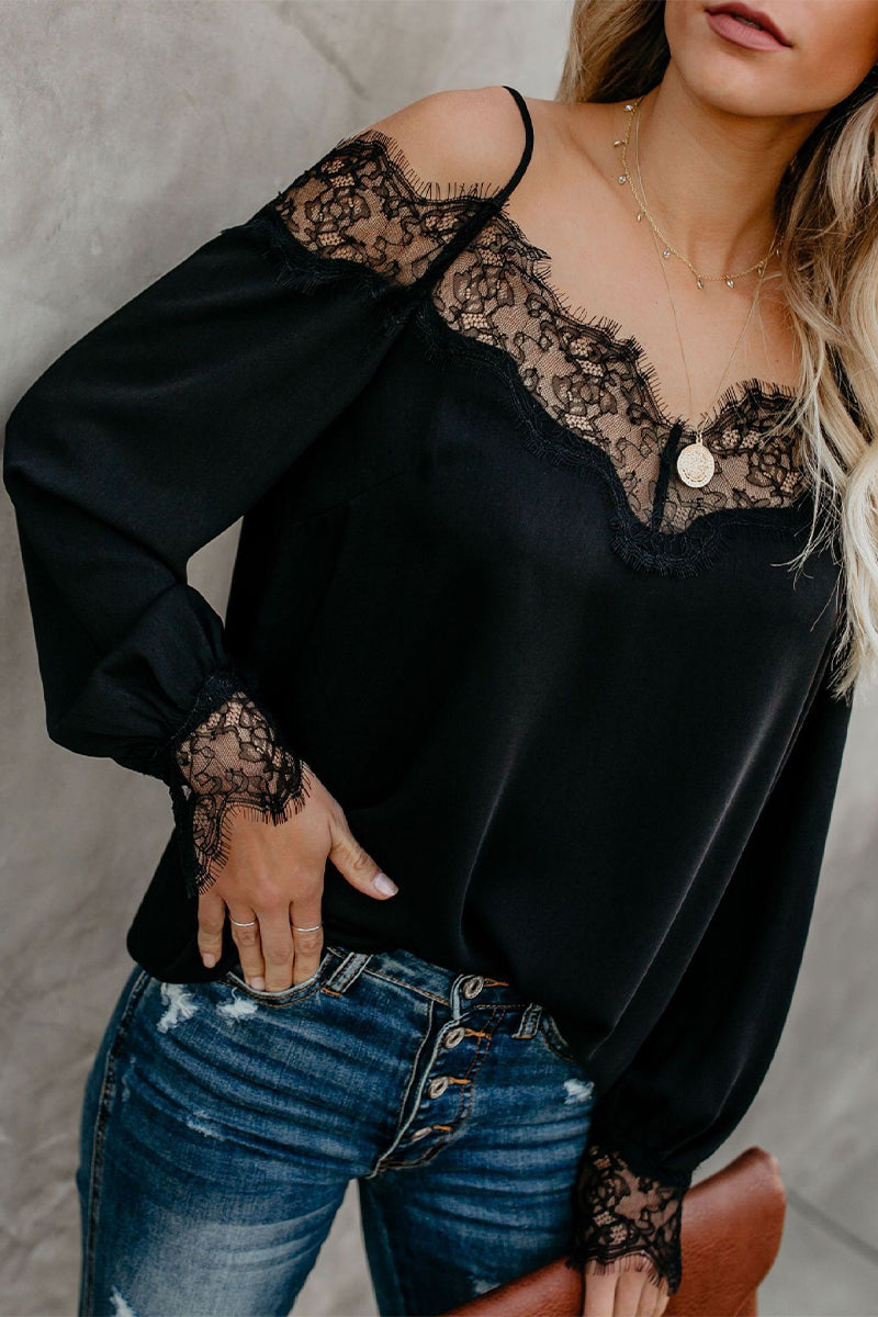 Kaynafashions - Sexy Solid Lace Patchwork V Neck Tops