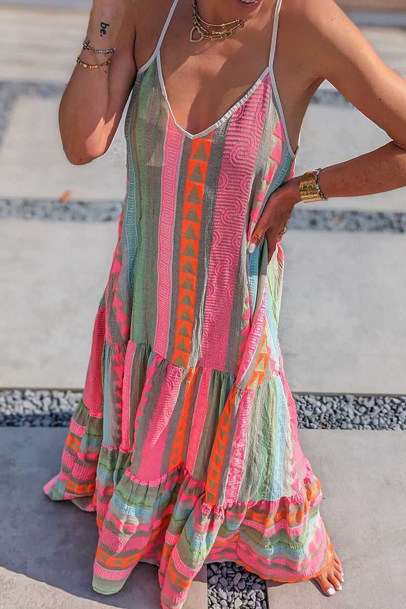 Kaynafashions - Sexy Vacation Geometric Print Backless V Neck Sling Dress Dresses