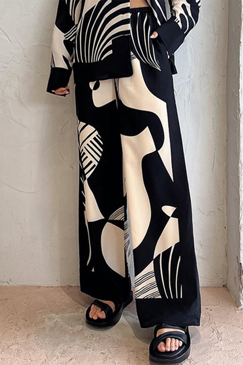 Kaynafashions - Casual Geometric Print Pocket Turndown Collar Two Pieces