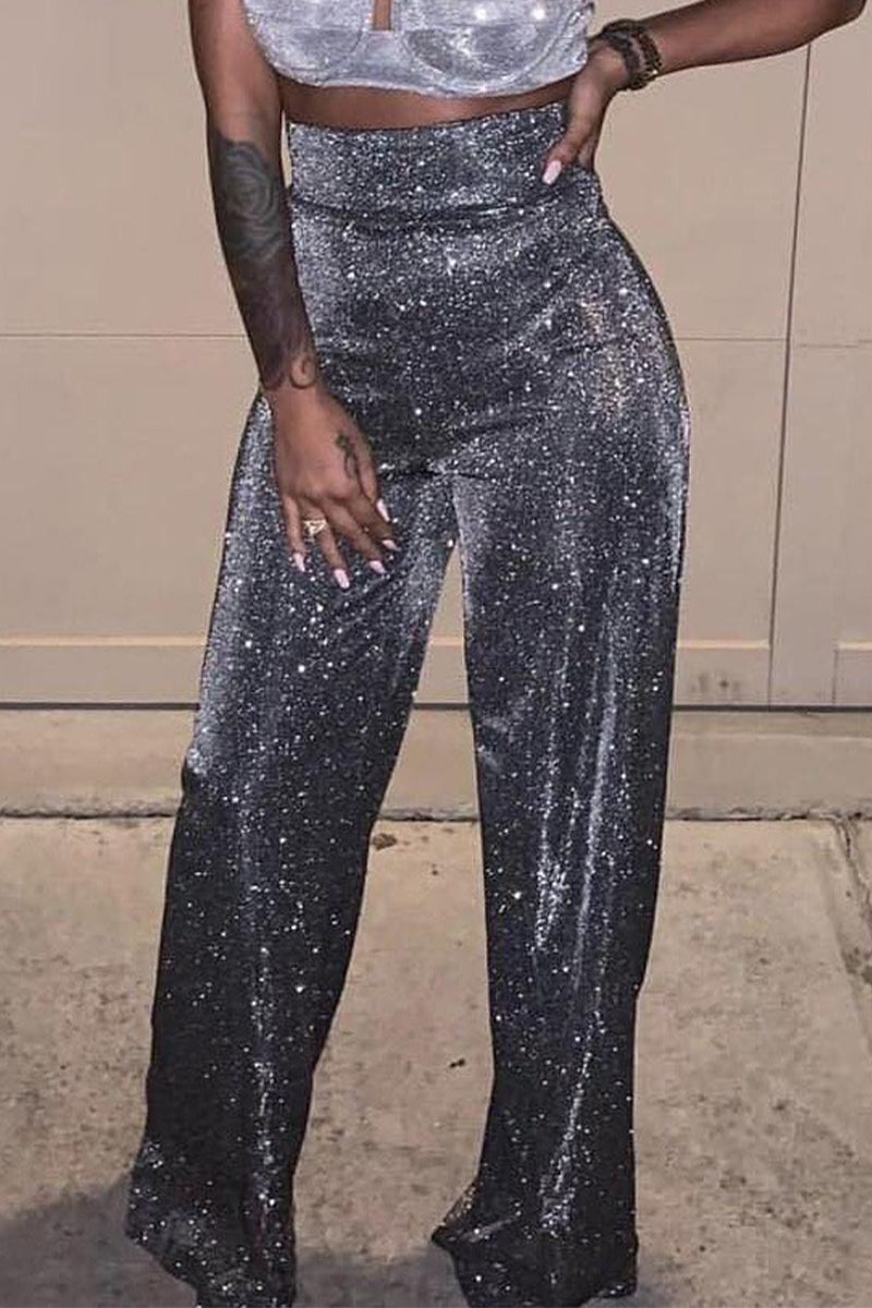 Kaynafashions - Casual Street Solid Sequined Loose High Waist Wide Leg Bottoms