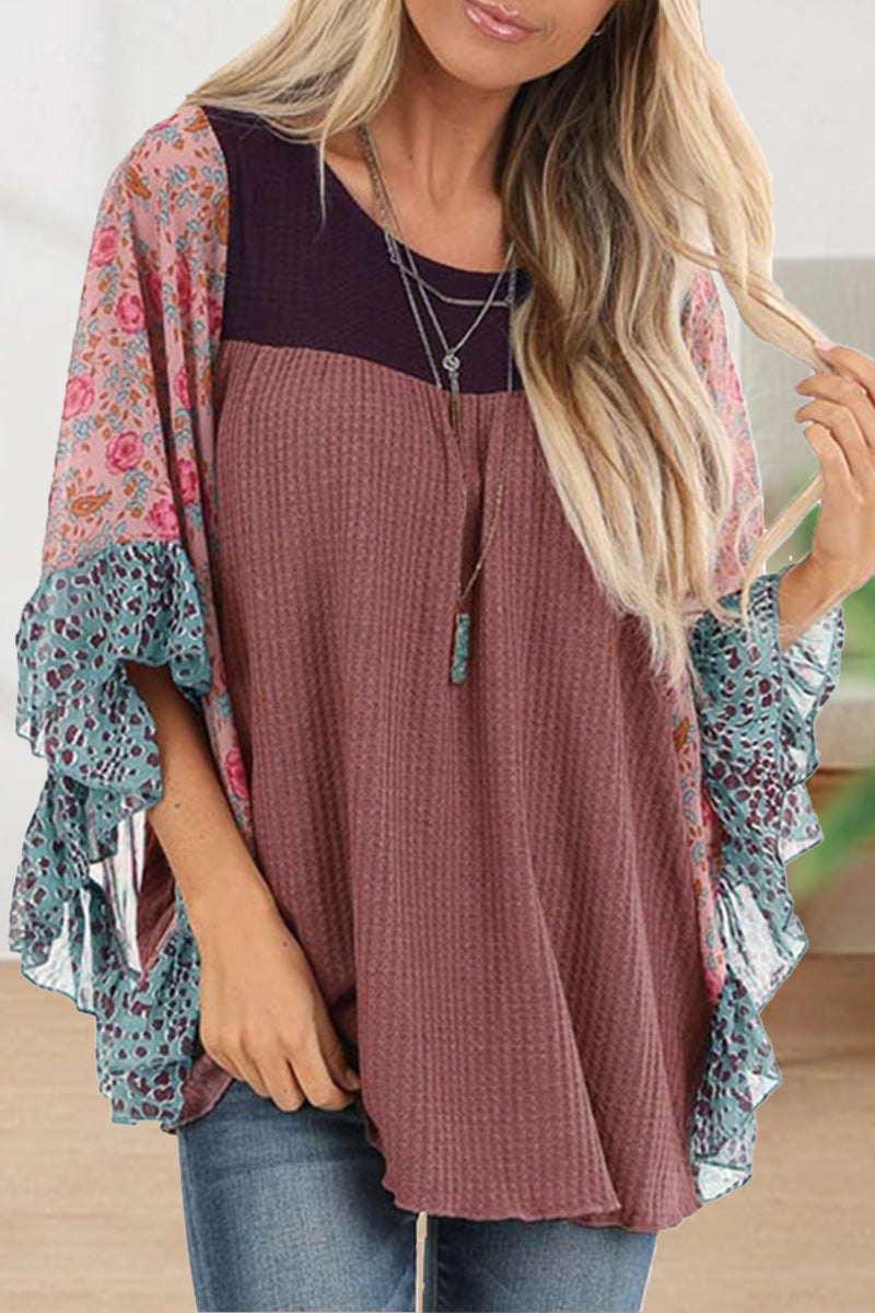 Kaynafashions - Casual Print Contrast O Neck Tops(7 Colors)