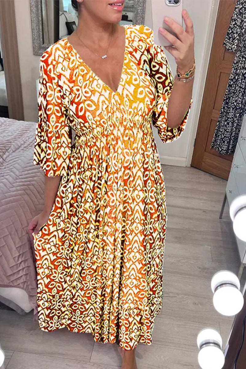 Kaynafashions - Elegant Floral Patchwork V Neck A Line Dresses(6 Colors)