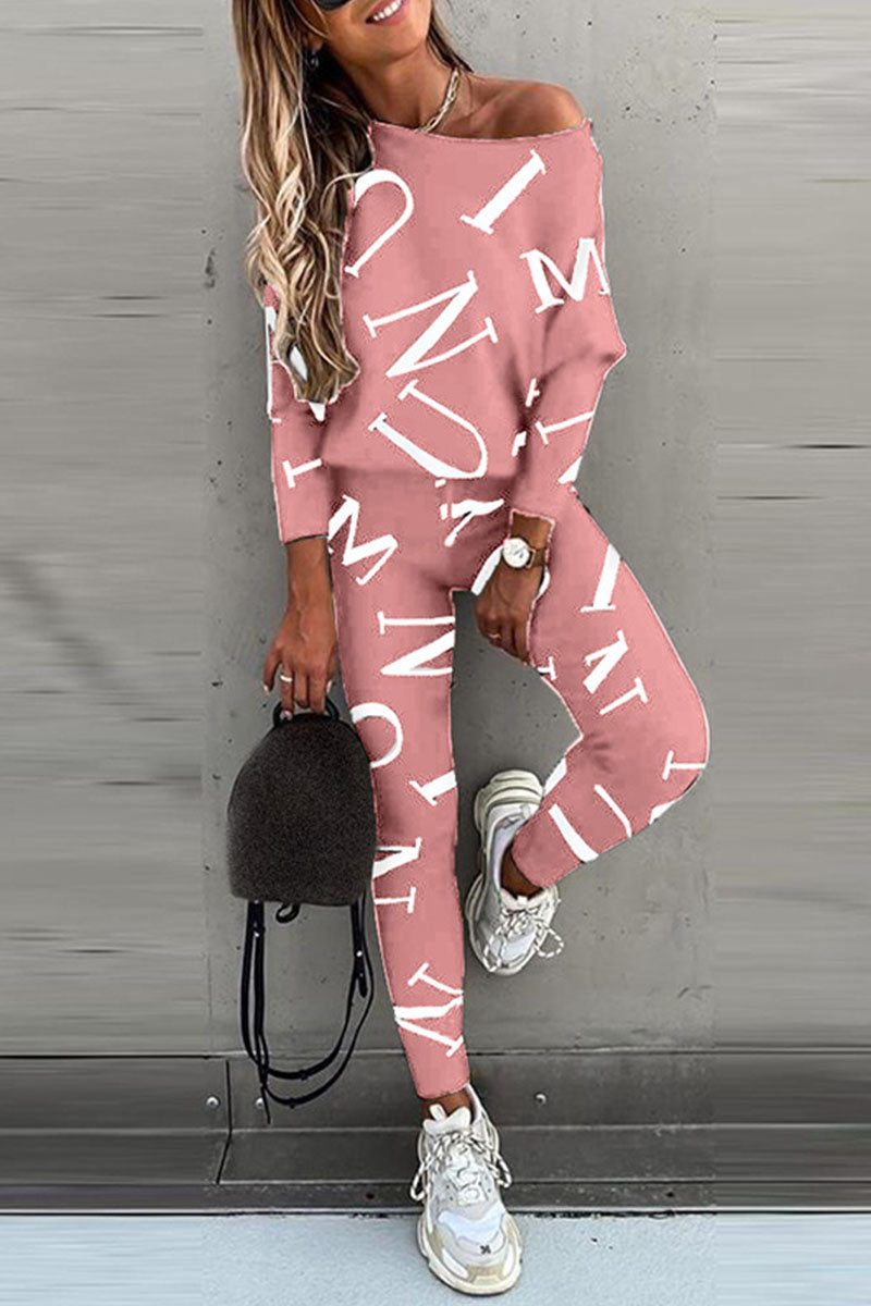 Kaynafashions - Fashion Casual Letter Oblique Collar Long Sleeve Two Pieces