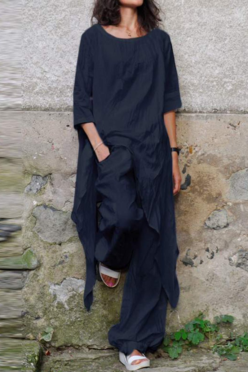 Kaynafashions - Casual Simplicity Solid Asymmetrical O Neck Three Quarter Two Pieces(4 Colors)