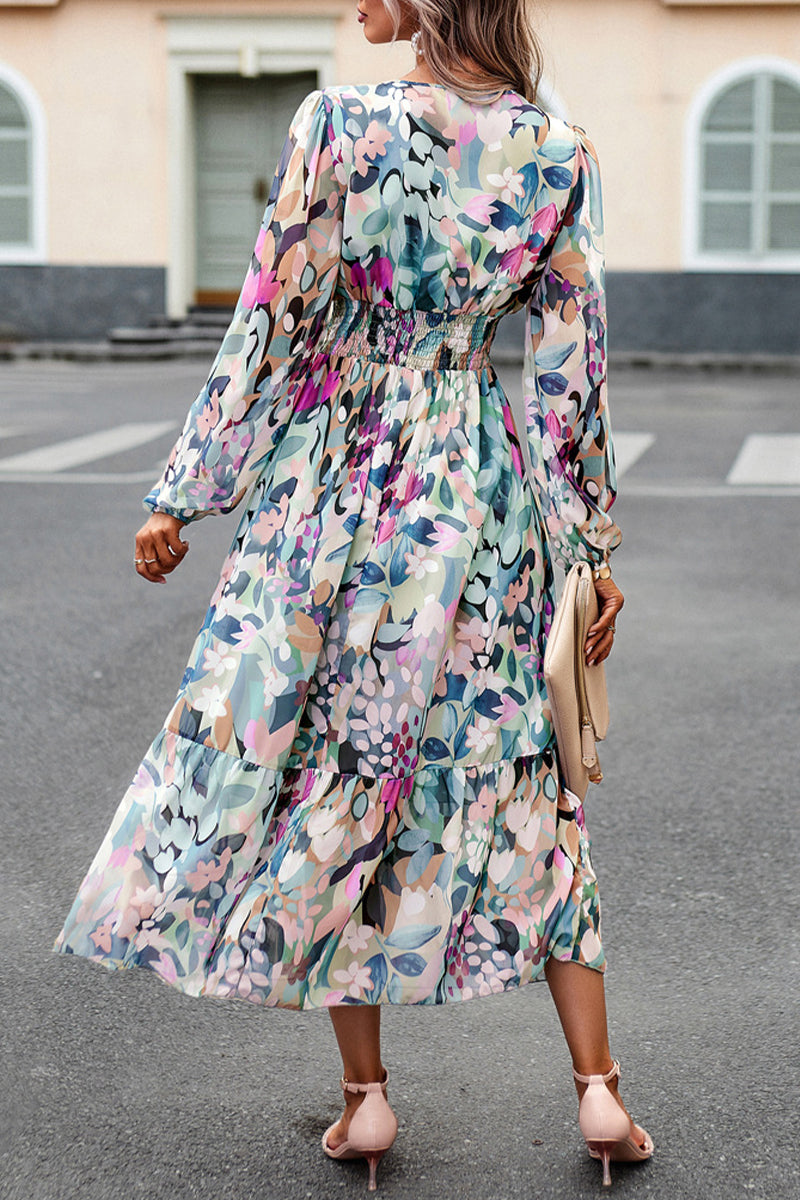 Kaynafashions - Elegant Geometric Printing V Neck A Line Dresses