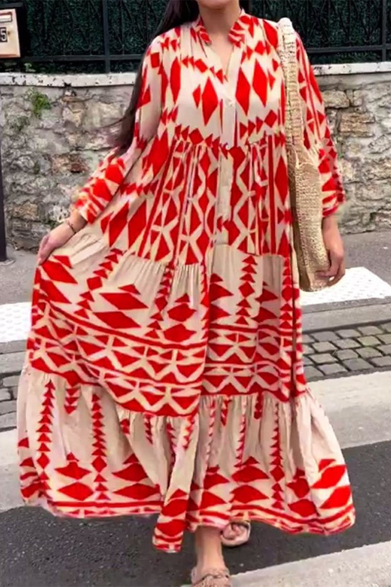 Kaynafashions - Casual Elegant Geometric Print Patchwork O Neck Printed Dress Dresses