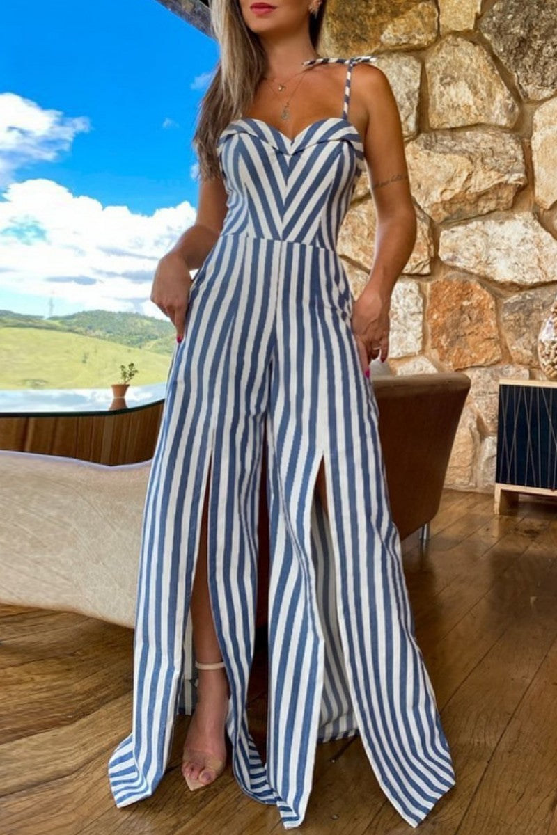 Kaynafashions - Sexy Casual Striped Print Bandage Backless Slit Spaghetti Strap Regular Jumpsuits