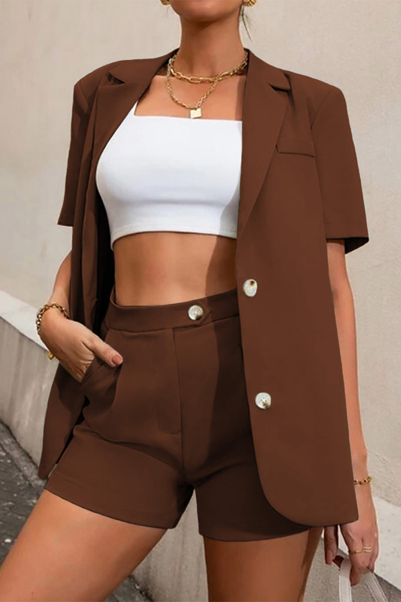 Kaynafashions - Casual Work Solid Buttons Turn-back Collar Short Sleeve Two Pieces