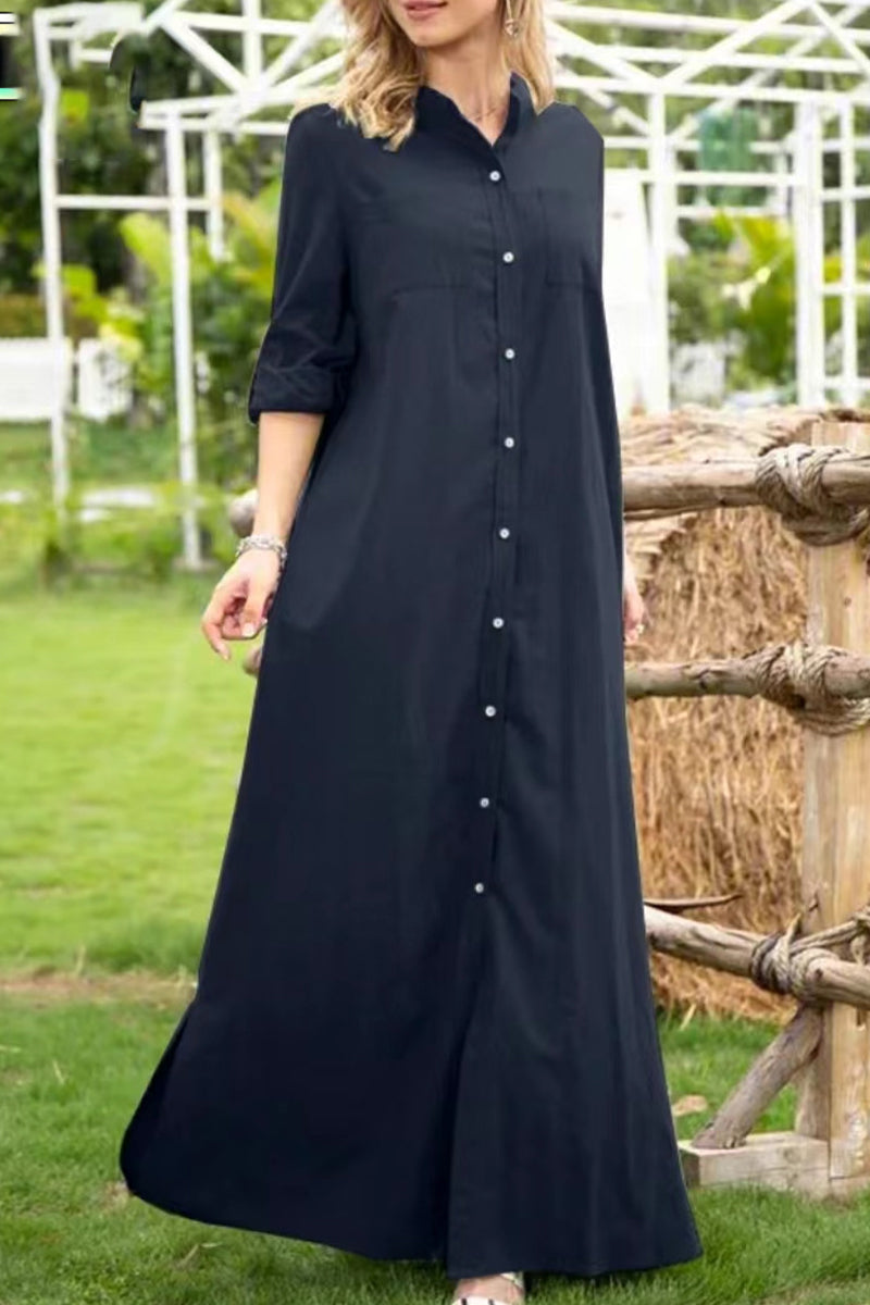 Kaynafashions - Casual Solid Buttons Mandarin Collar A Line Dresses(4 Colors)