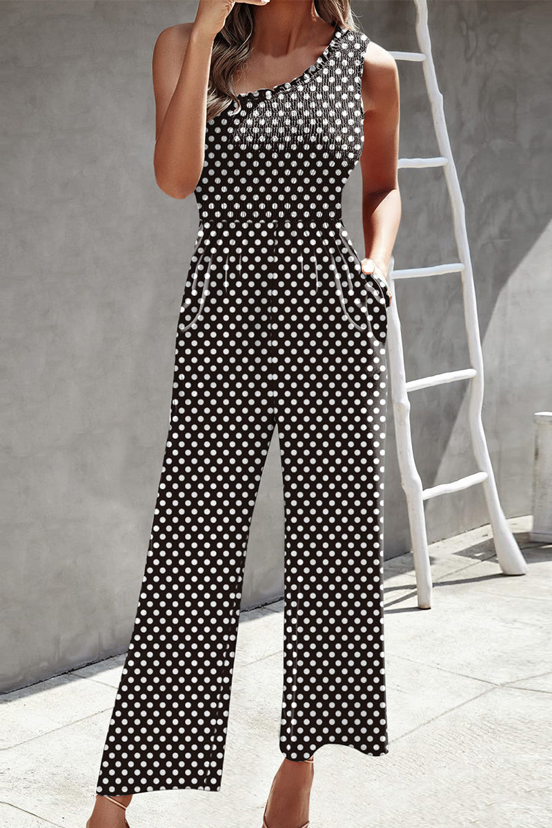 Kaynafashions - Casual Print Patchwork Pocket Oblique Collar Loose Jumpsuits