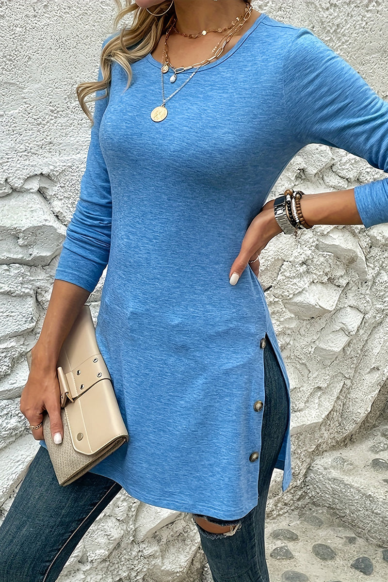 Kaynafashions - Casual Solid Buttons O Neck One Step Skirt Dresses