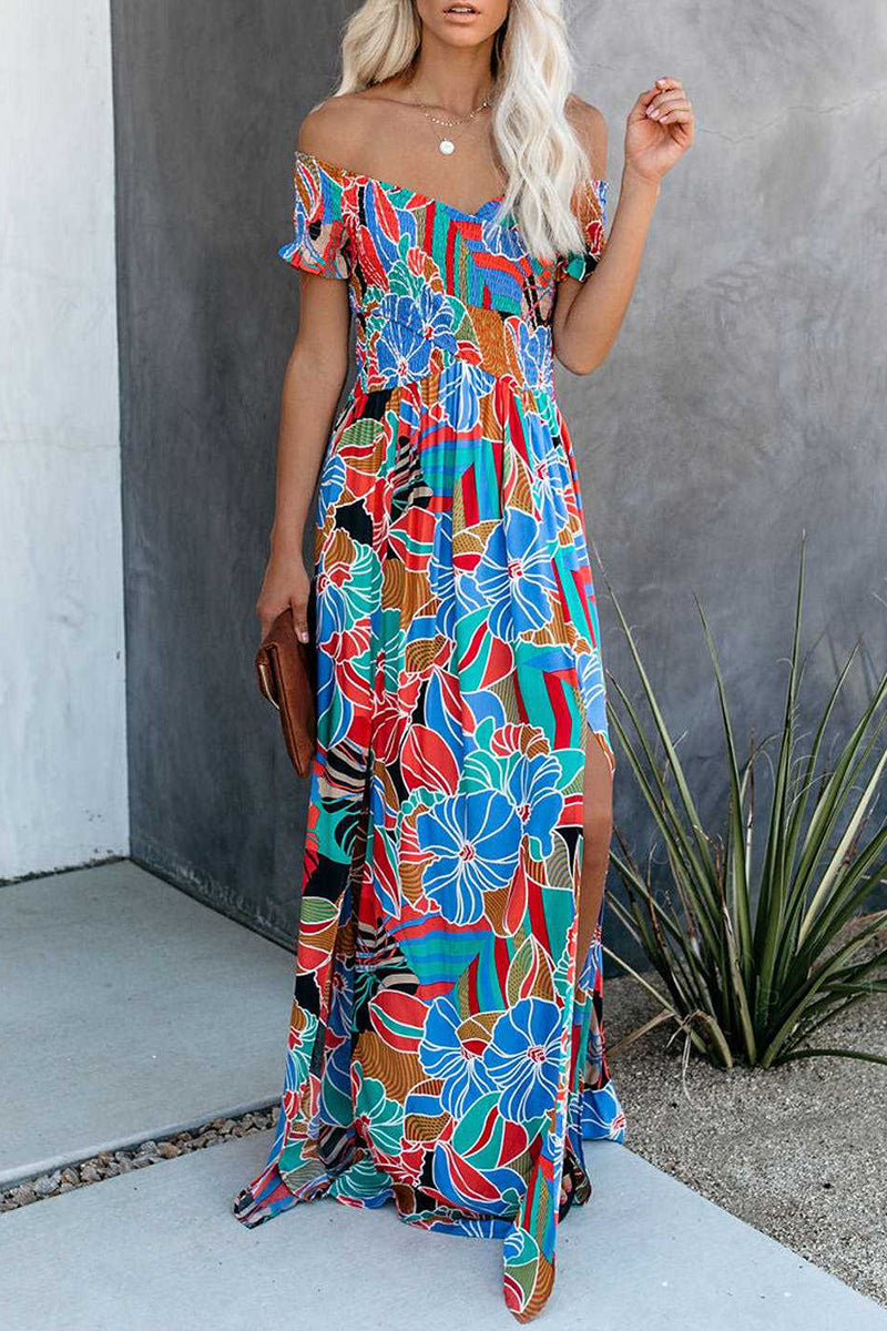 Kaynafashions - Elegant Vacation Floral Patchwork Off the Shoulder Printed Dress Dresses