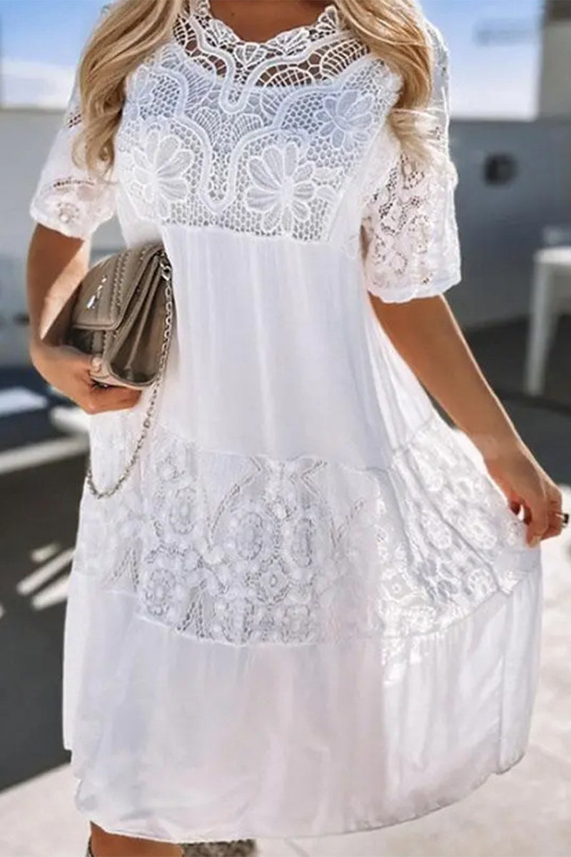 Kaynafashions - Sweet Elegant Solid Lace See-through O Neck A Line Dresses