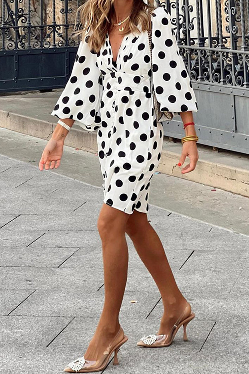 Kaynafashions - Elegant Polka Dot Patchwork V Neck A Line Dresses
