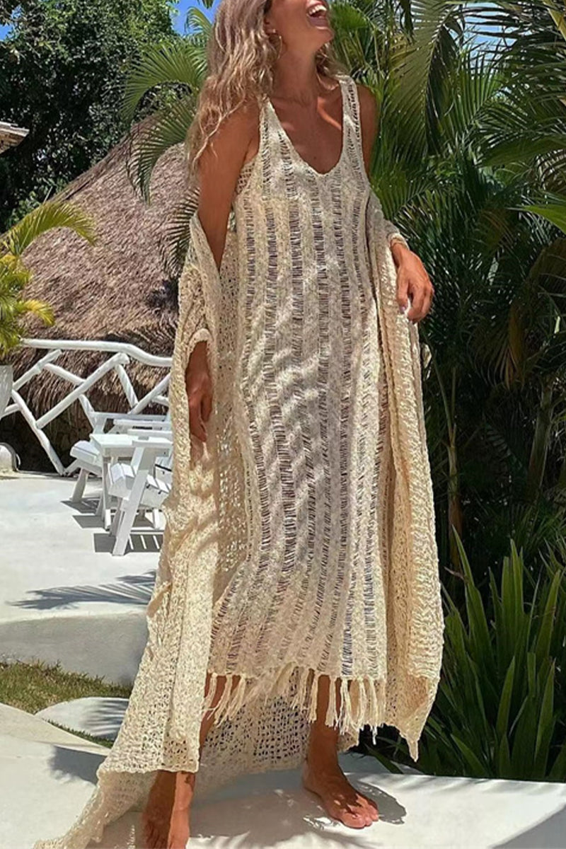 Kaynafashions - Sexy Solid Tassel Hollowed Out V Neck Sling Dress Dresses