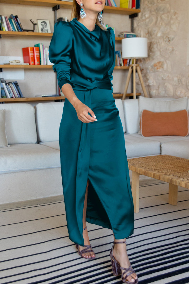 Kaynafashions - Celebrities Elegant Solid Slit Scarf Collar A Line Dresses