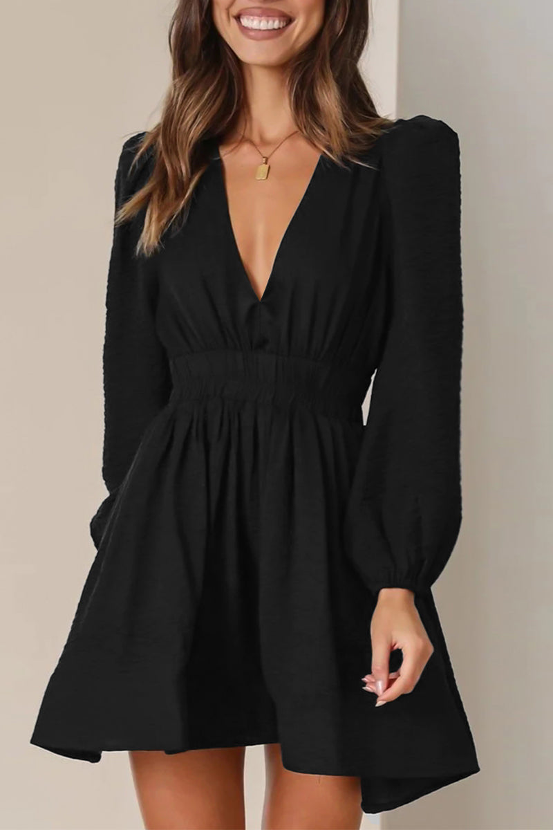 Kaynafashions - Casual Solid Fold V Neck Pleated Dresses