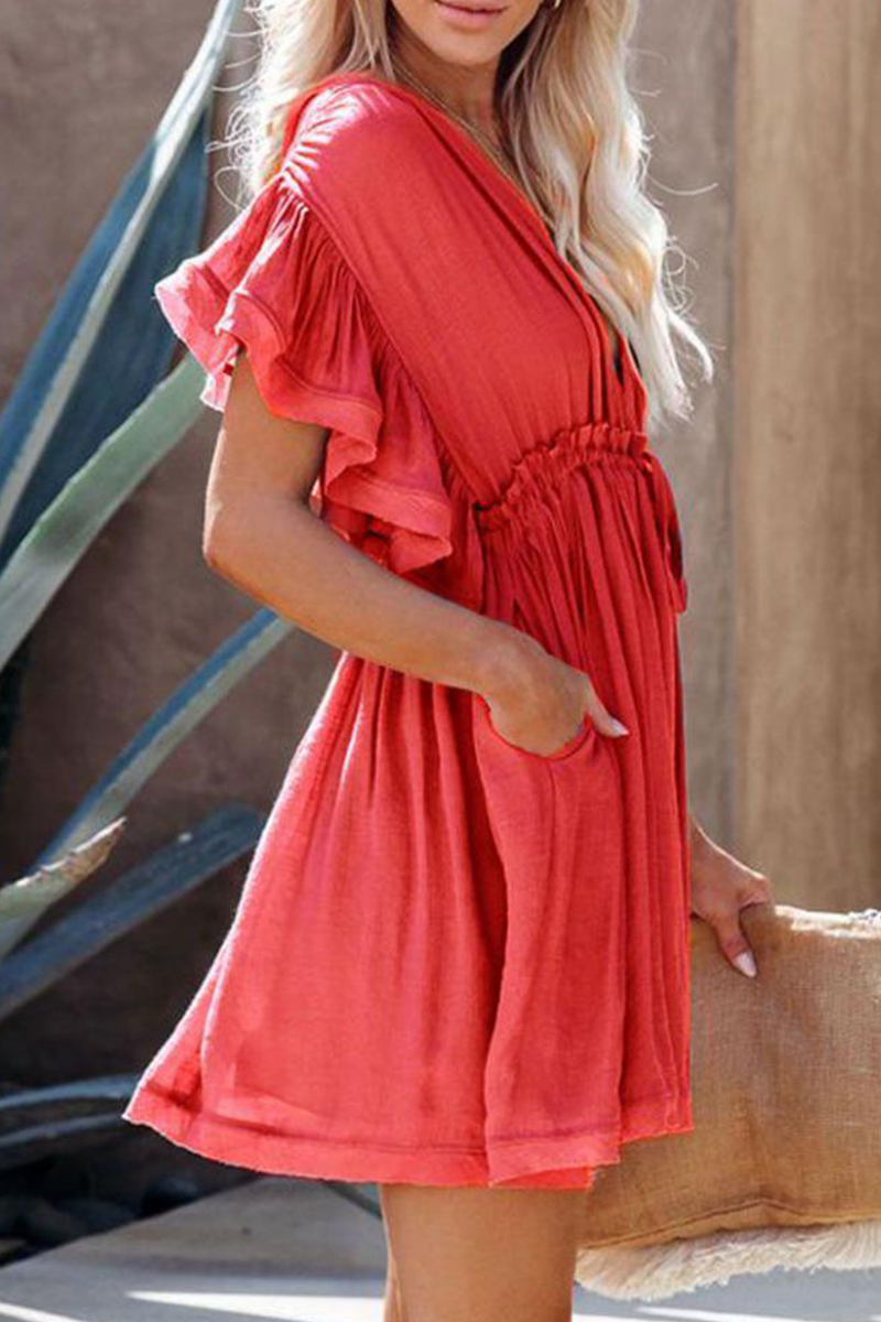 Kaynafashions - Casual Solid Flounce V Neck Cake Skirt Dresses(5 colors)