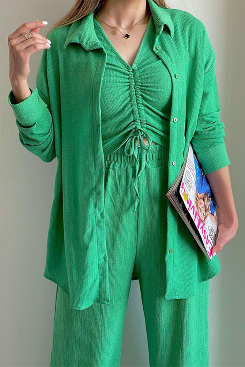 Kaynafashions - Casual Solid Draw String Fold Turndown Collar Long Sleeve Three Pieces(Shirt vest trousers)