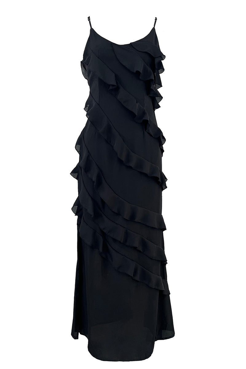 Kaynafashions - Sexy Celebrities Solid Flounce Slit V Neck Sling Dress Dresses