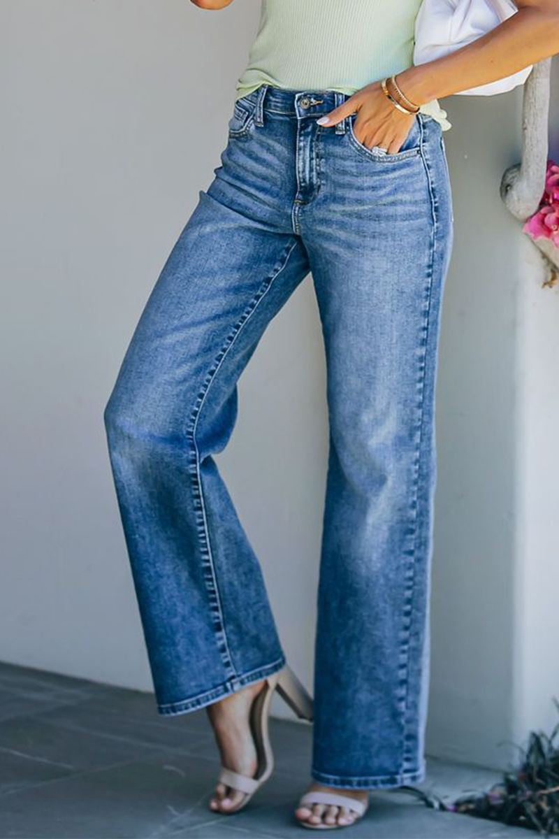 Kaynafashions - Fashion Elegant Solid Basic Straight Mid Waist Wide Leg Bottoms